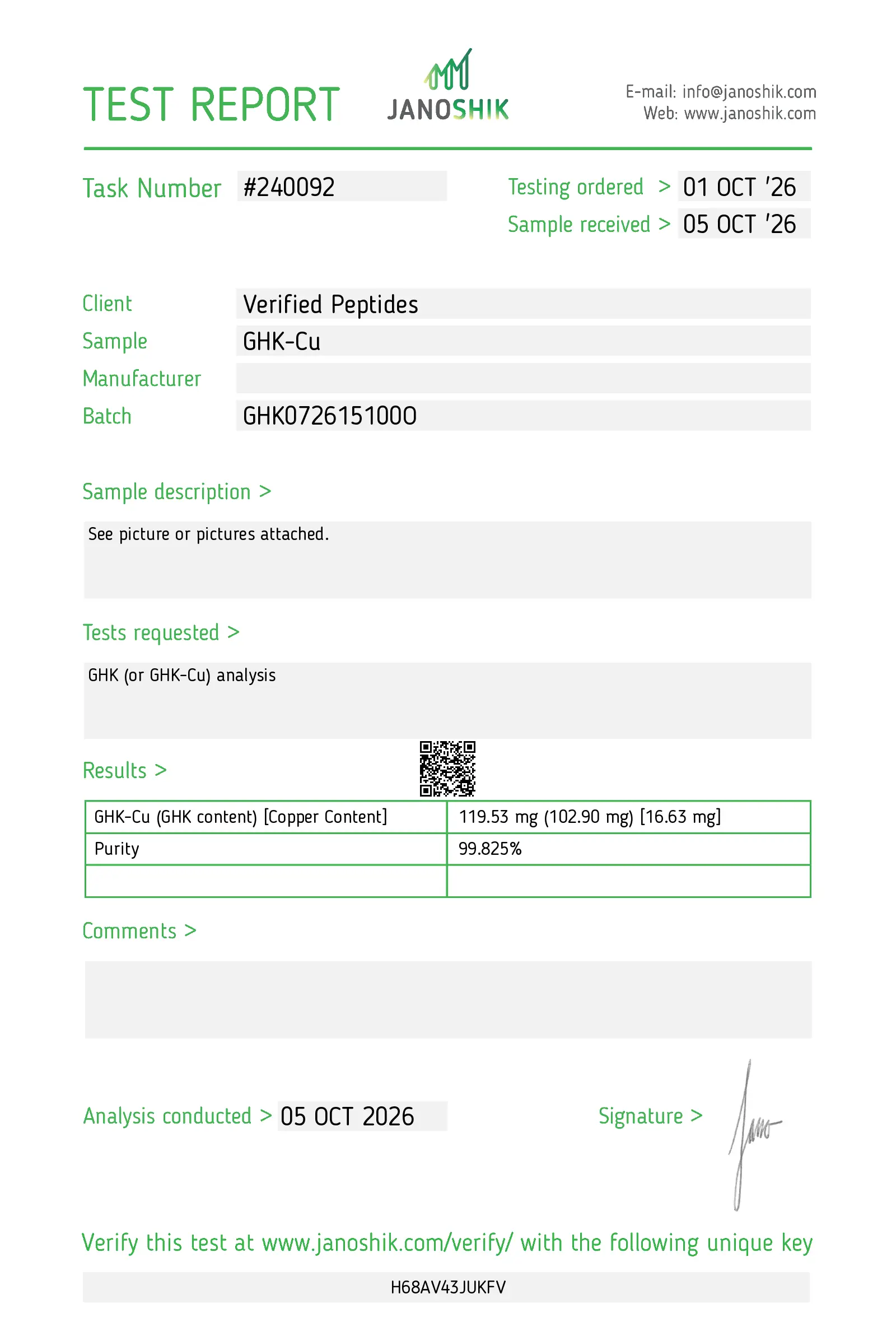 Janoshik certificate of analysis for GHK-Cu 100 mg, report 240092