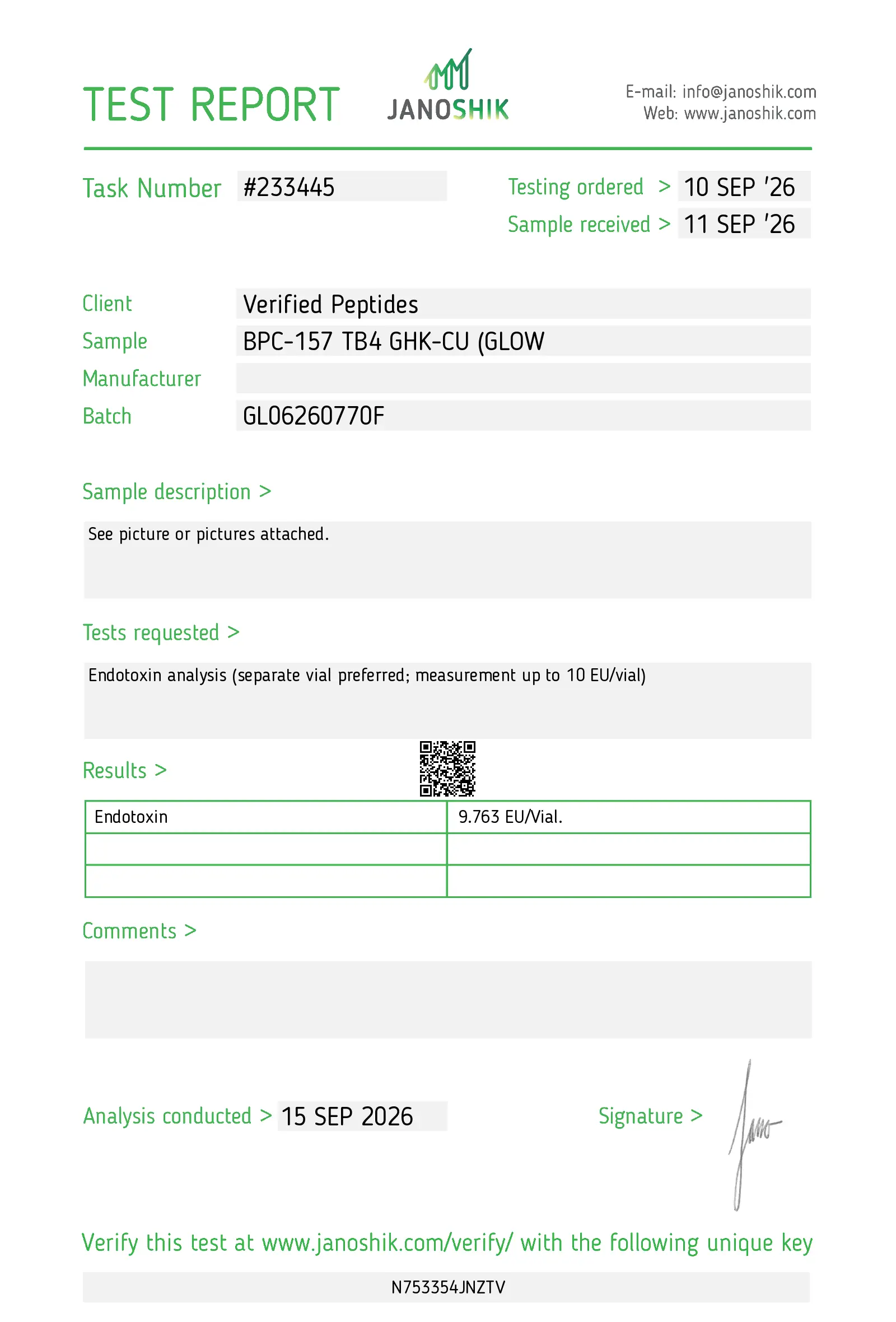 Janoshik endotoxin report for GLOW 70 mg, report 233445