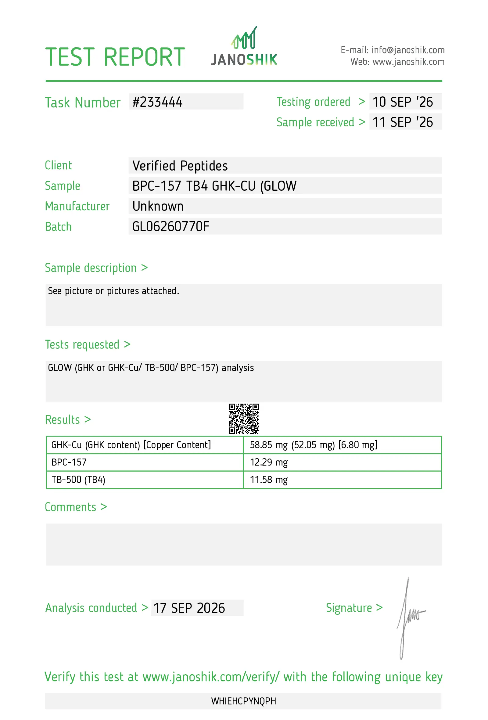 Janoshik certificate of analysis for GLOW 70 mg, report 233444