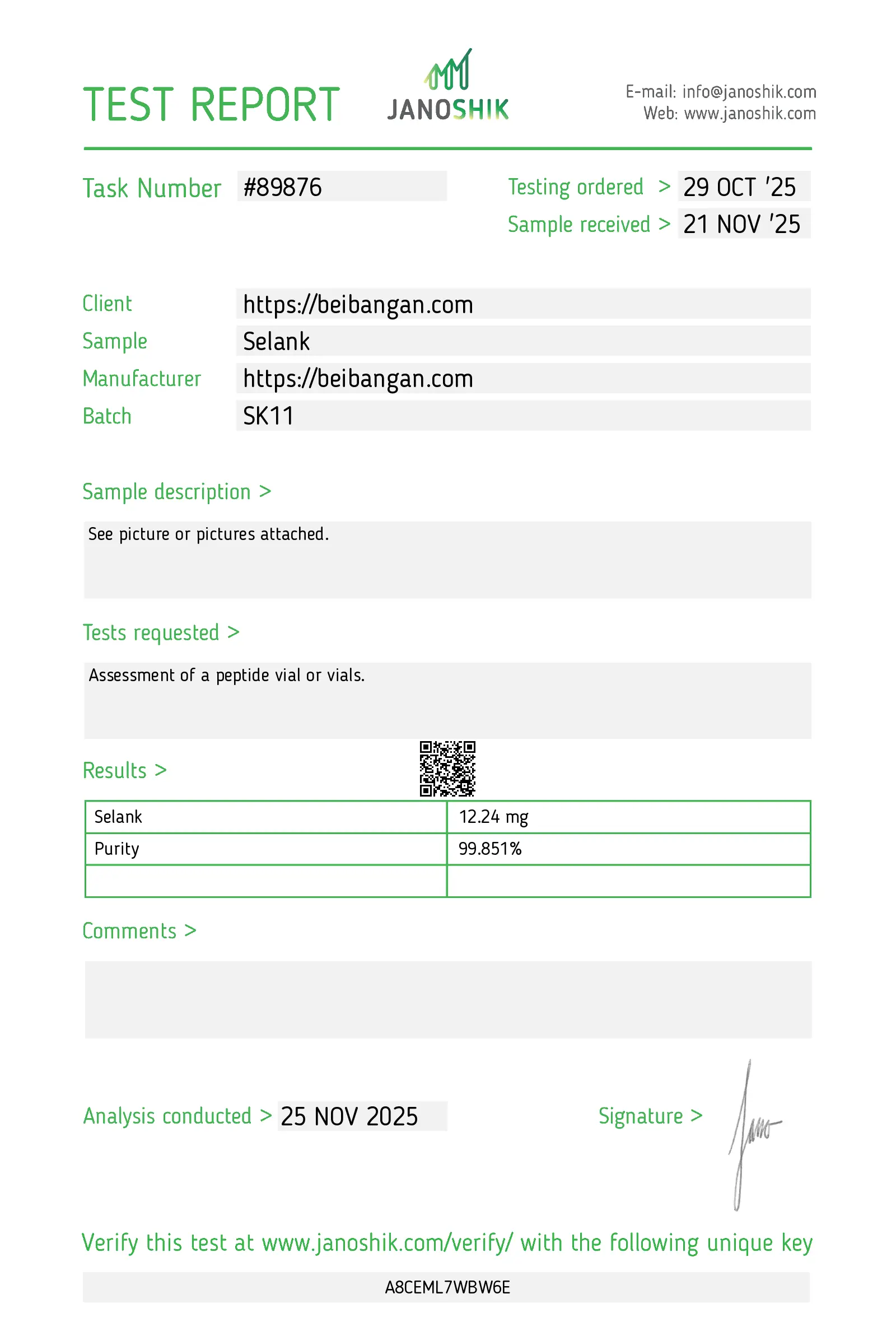 Janoshik certificate of analysis for Selank 10 mg, report 89876