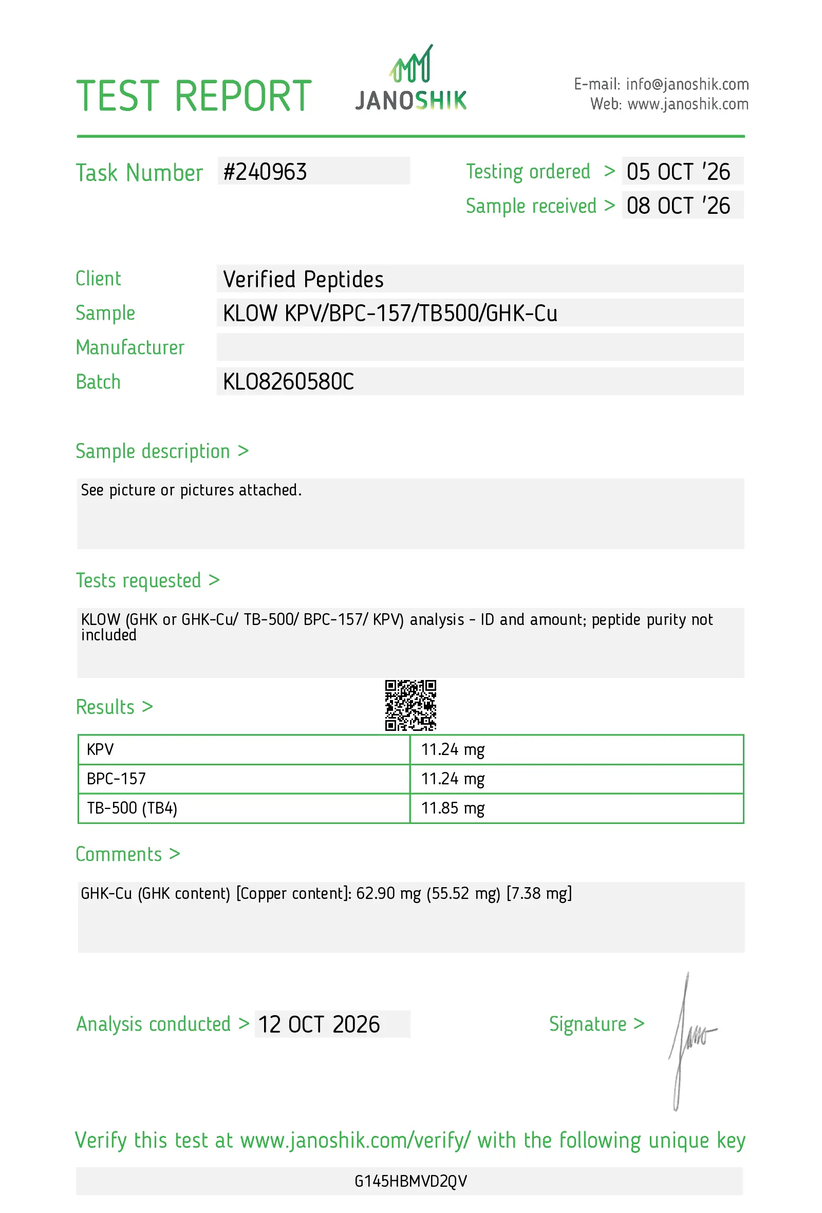 Janoshik certificate of analysis for KLOW 80 mg, report 240963