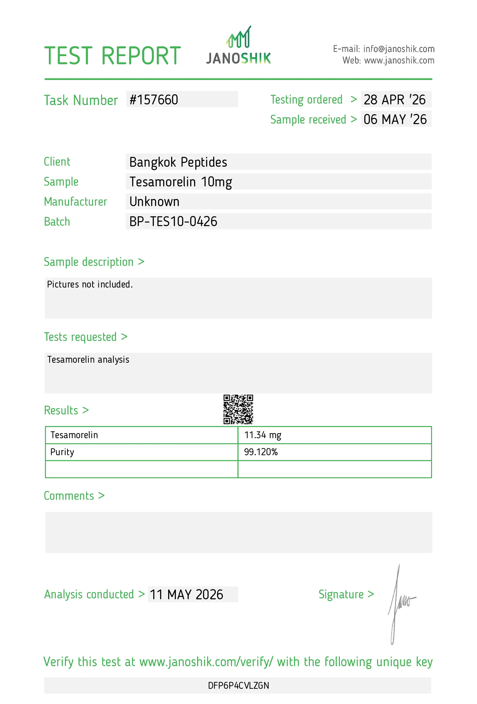 Janoshik certificate of analysis for Tesamorelin 10 mg, report 157660