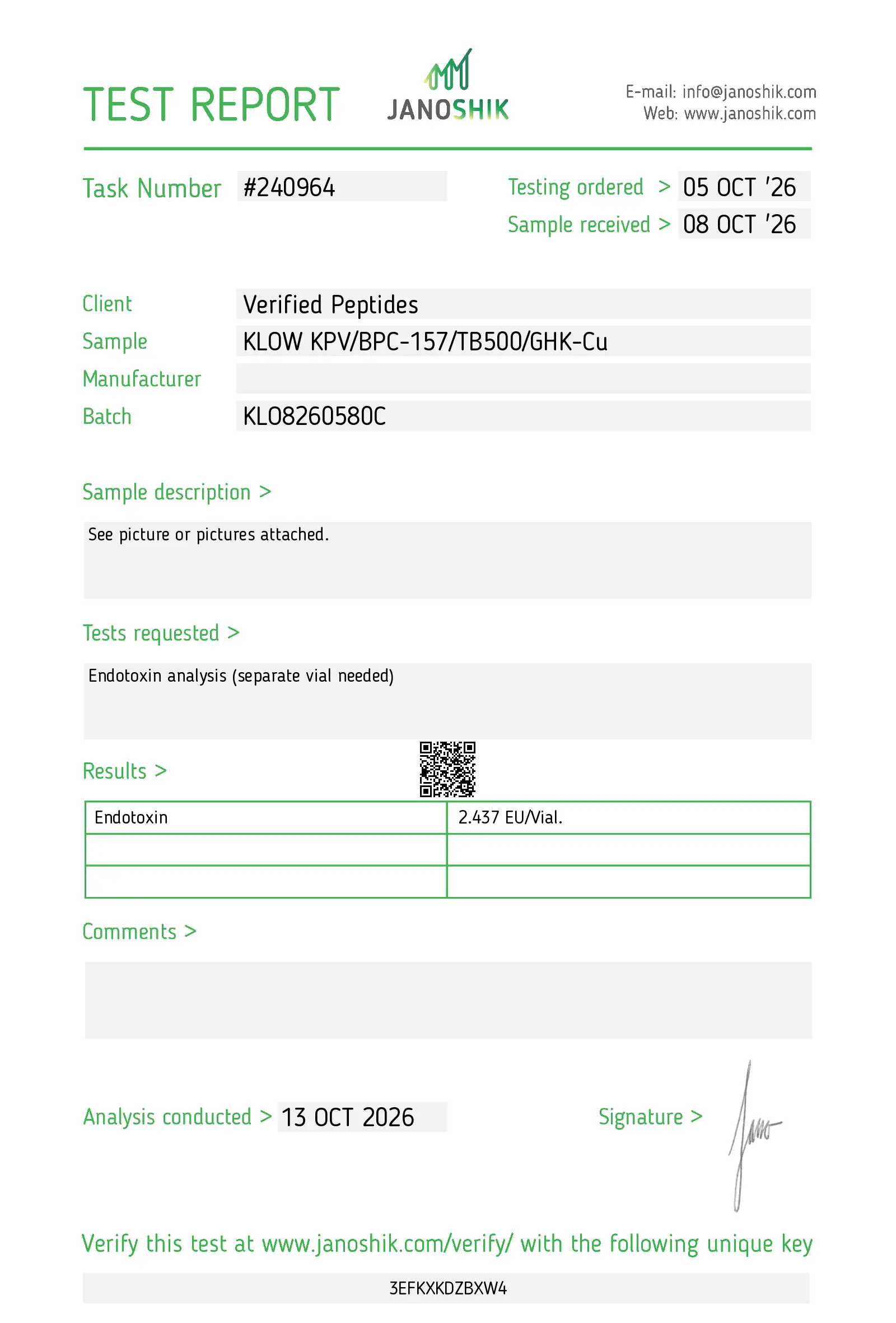 Janoshik endotoxin report for KLOW 80 mg, report 240964