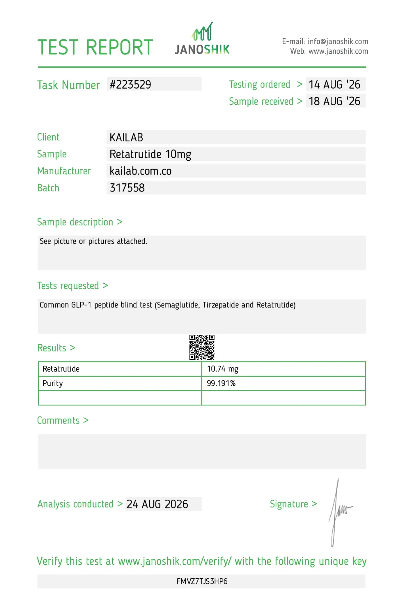Certificate of analysis Janoshik, report 223529