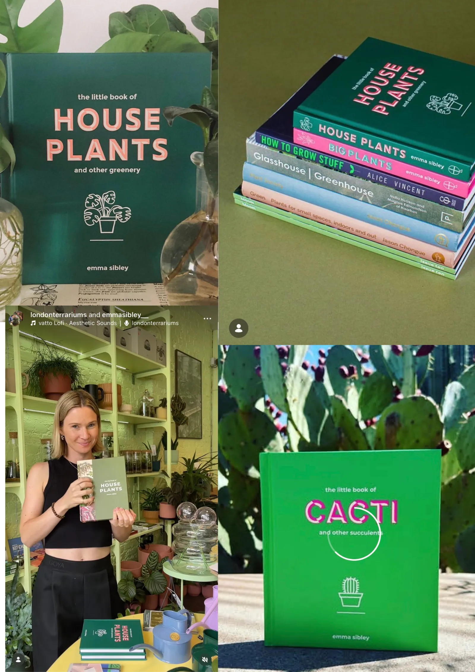 Four photos of Emma Sibley's books: The Little Book of House Plants, a stack of titles and The Little Book of Cacti