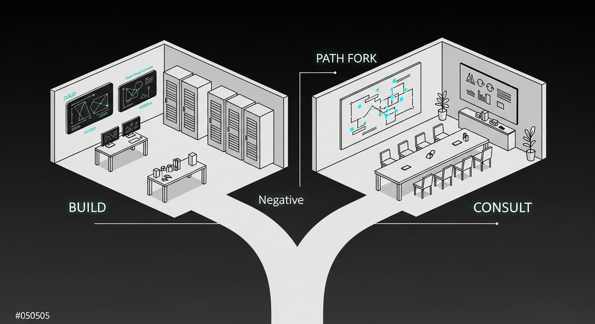 Generative AI consulting vs build: an isometric fork between an engineering workshop and a consulting meeting room