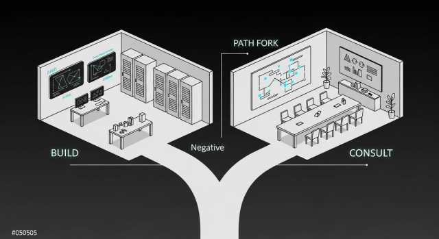 Generative AI consulting vs build: an isometric fork between an engineering workshop and a consulting meeting room