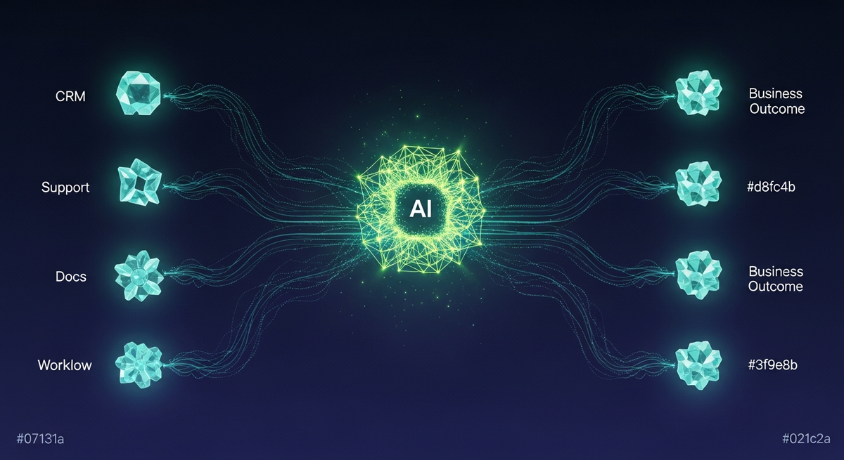 AI integration nodes connected to business systems, flow diagram editorial illustration