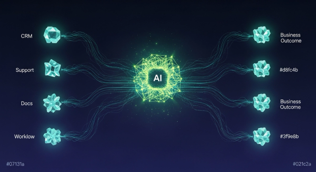 AI integration nodes connected to business systems, flow diagram editorial illustration