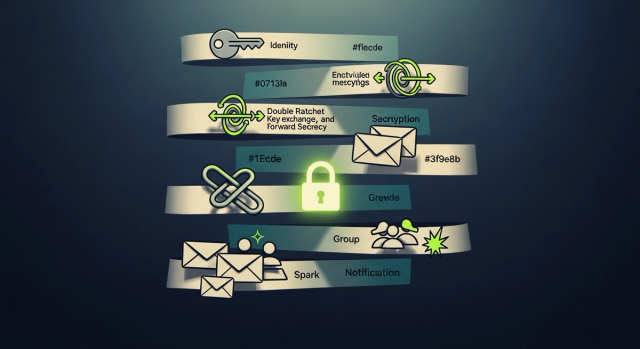 Encrypted messaging app architecture diagram with layered cryptographic key exchange, editorial illustration