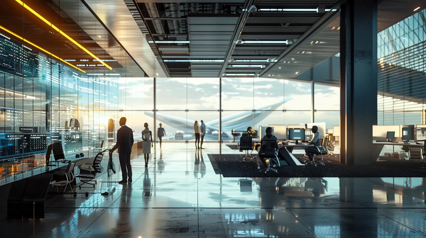 a sleek, futuristic office bustling with diverse professionals collaborating around advanced technology, bathed in bright, natural light streaming through large glass windows.