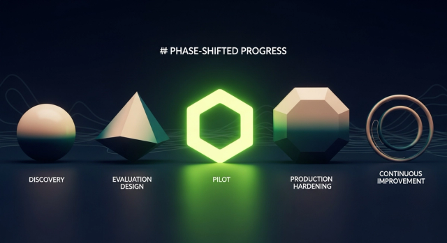 AI software development lifecycle — abstract milestone forms representing discovery, eval design, pilot, hardening, continuous improvement