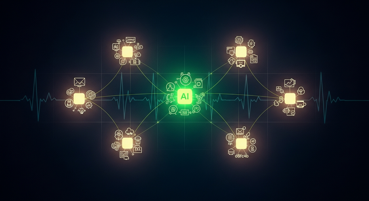 Curated map of AI healthcare companies grouped by category, editorial illustration