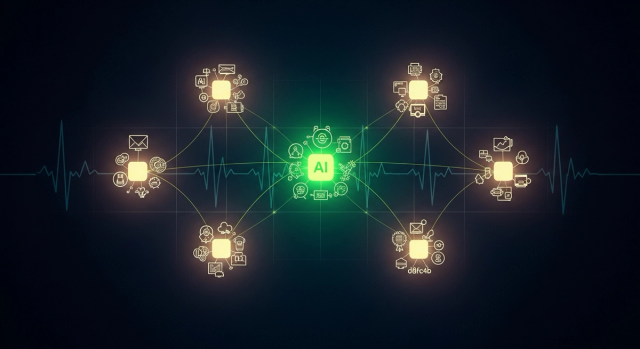 Curated map of AI healthcare companies grouped by category, editorial illustration