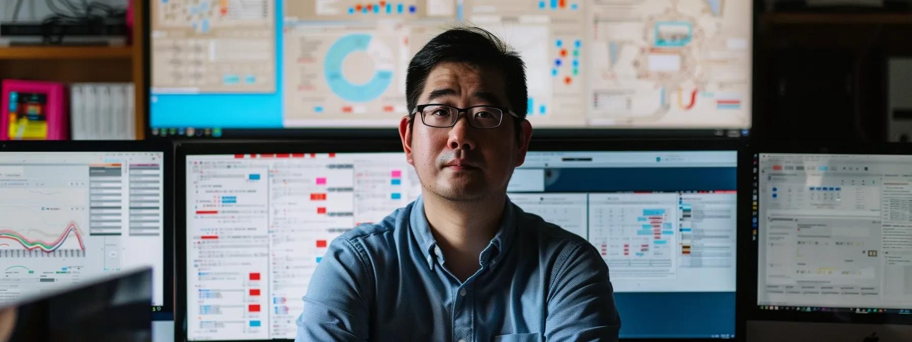 a developer surrounded by multiple screens displaying complex state management diagrams and code snippets, with a focused expression while studying the best practices for implementing state management in flutter.