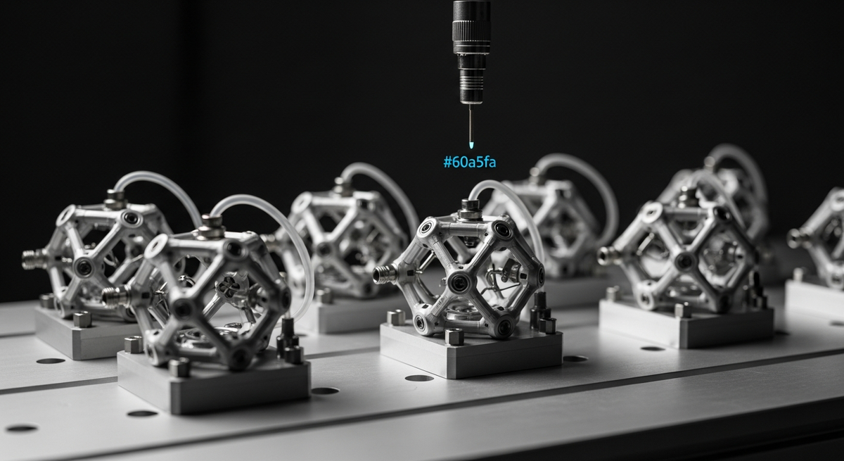 Precision test bench with measurement probe — the 6-axis agent reliability rubric