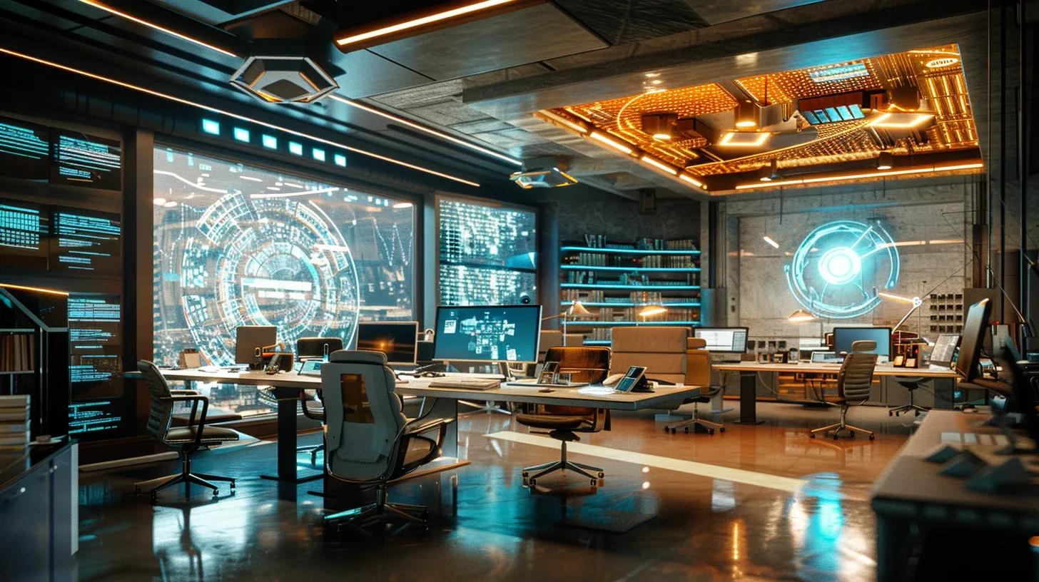 a futuristic office space brimming with vibrant holographic displays and sleek, innovative technology, capturing the essence of cutting-edge ai development in a modern, collaborative environment.