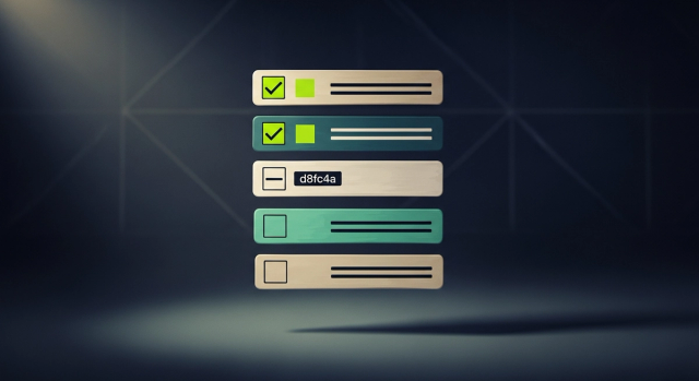 Stacked checkbox row primitives with one in indeterminate state, editorial illustration