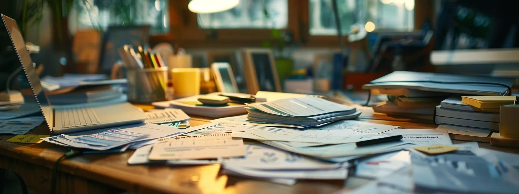 a desk scattered with papers filled with technical questions, situational inquiries, and notes on past experiences, project management, and ongoing education for a comprehensive interview template for selecting a flutter developer.