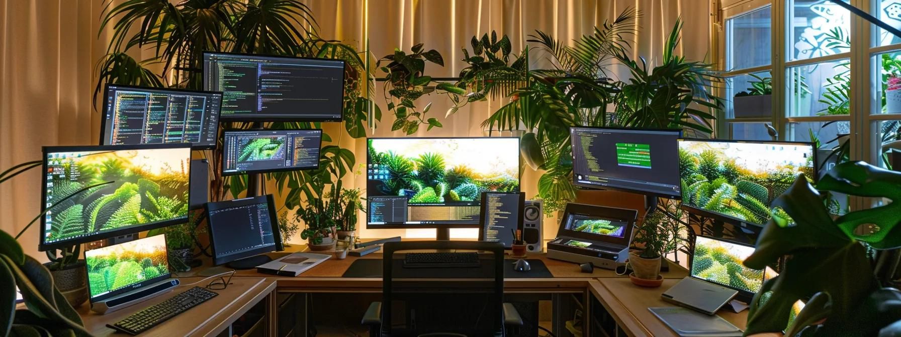 a sleek, modern workspace with multiple screens displaying code, a mobile device running a flutter app, and developer tools scattered around, all surrounded by plants for a calming and efficient environment conducive to flutter mastery.