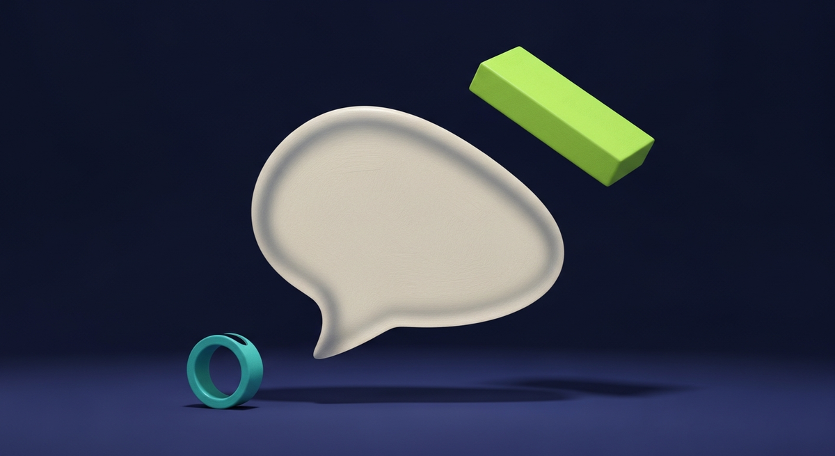 AI customer support software evaluation guide editorial illustration showing abstract conversation and scoring objects in cinematic navy composition