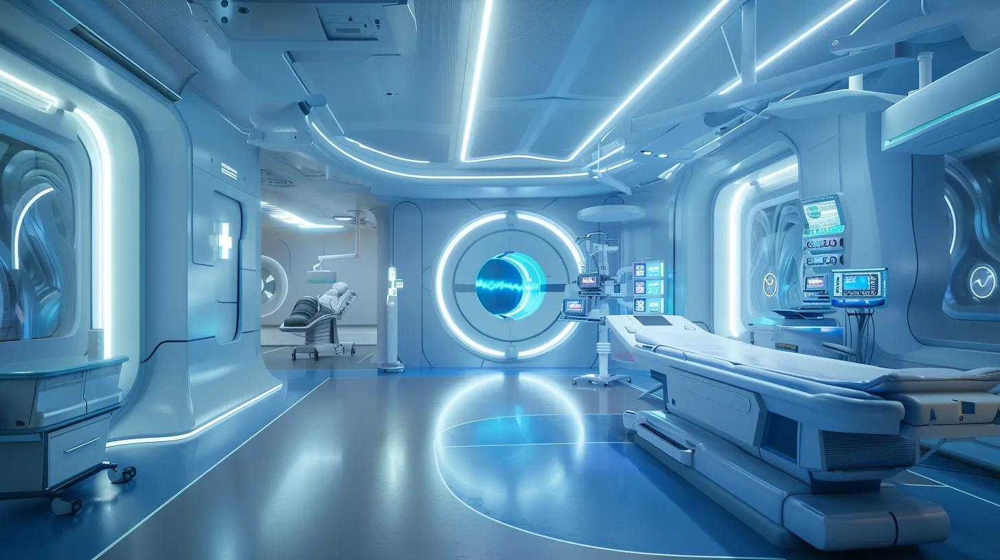 a futuristic healthcare environment showcases advanced ultrasound imaging technology and ai-powered medical devices, illuminated by soft, ambient lighting, conveying a sense of innovation and precision in patient care.