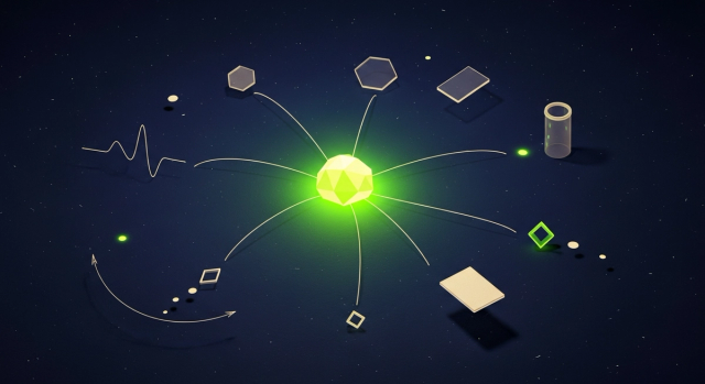 RAG chatbot architecture editorial illustration, abstract intelligence core radiating retrieval threads to a constellation of geometric knowledge tokens in deep navy and lime