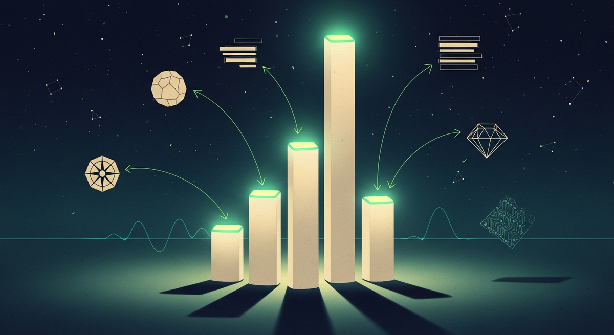 AI developer salary guide 2026, editorial illustration showing abstract geometric compensation tiers as floating geometric forms in a deep navy constellation