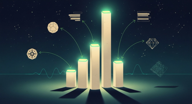 AI developer salary guide 2026, editorial illustration showing abstract geometric compensation tiers as floating geometric forms in a deep navy constellation