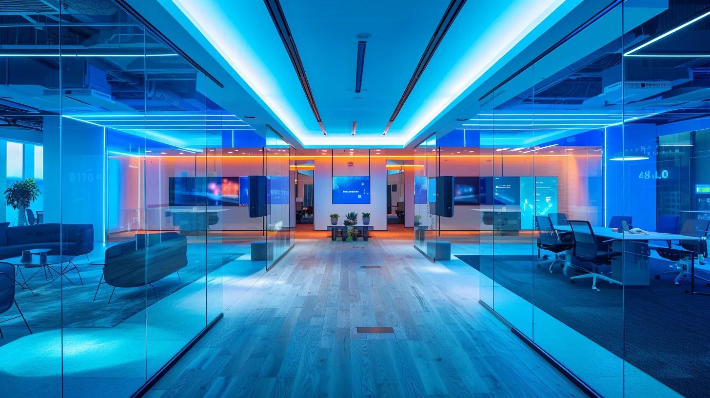 a sleek, modern office space filled with vibrant holographic displays showcasing innovative ai software, illuminated by dynamic blue and white lighting that creates a futuristic ambiance.