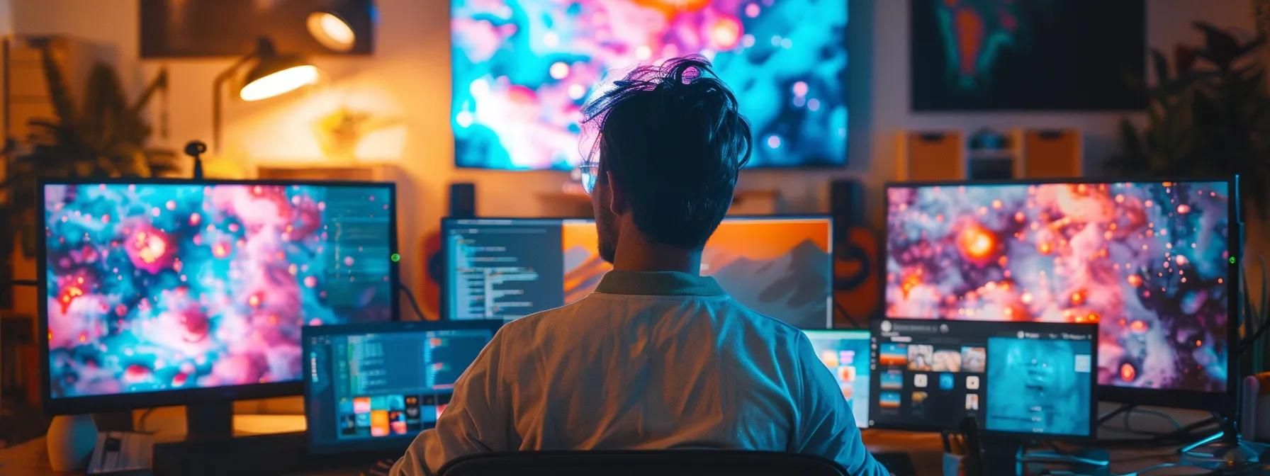 a person meticulously updating code on multiple devices with a vibrant flutter ui displayed on each screen.