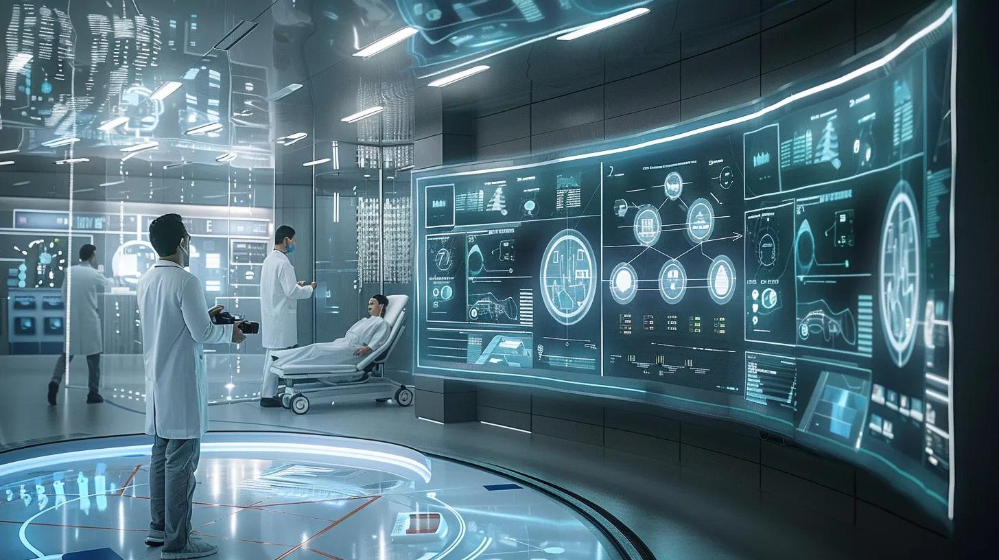 a dynamic scene depicting a futuristic healthcare setting where advanced ai technology seamlessly integrates with medical professionals, showcasing digital screens filled with patient data and vibrant graphs under soft, ambient lighting.