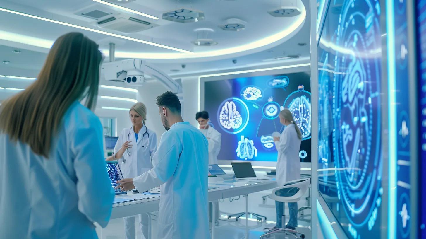 a futuristic clinic bustling with advanced ai technology, showcasing a diverse team of medical professionals analyzing holographic displays of patient data and diagnostics under soft, ambient lighting that highlights their collaboration in personalized healthcare.