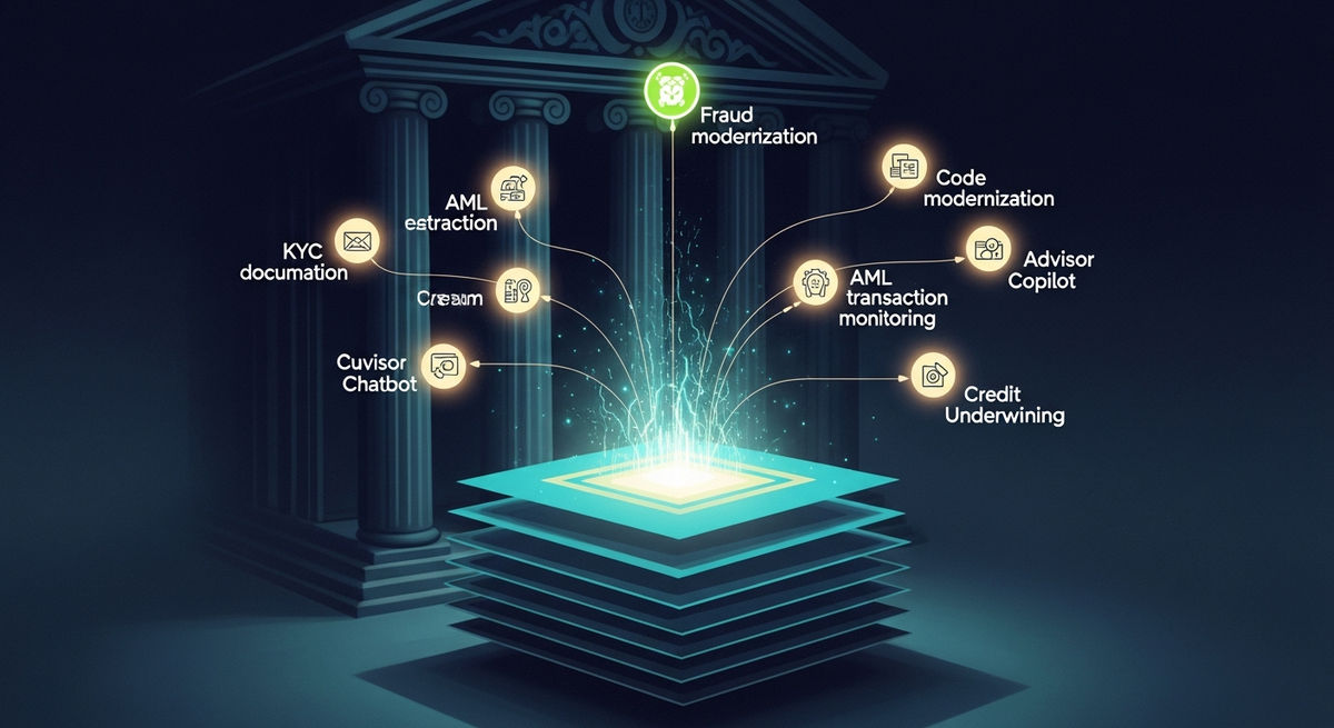 AI use cases across banking domains visualized as interconnected nodes, editorial illustration