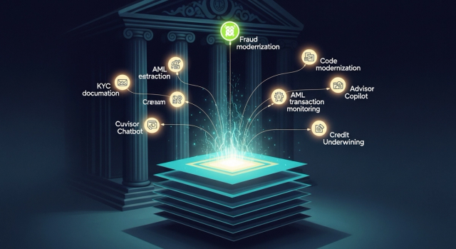 AI use cases across banking domains visualized as interconnected nodes, editorial illustration