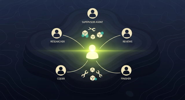 Claude LangGraph multi-agent supervisor topology — orchestrator with four specialist satellites, editorial illustration