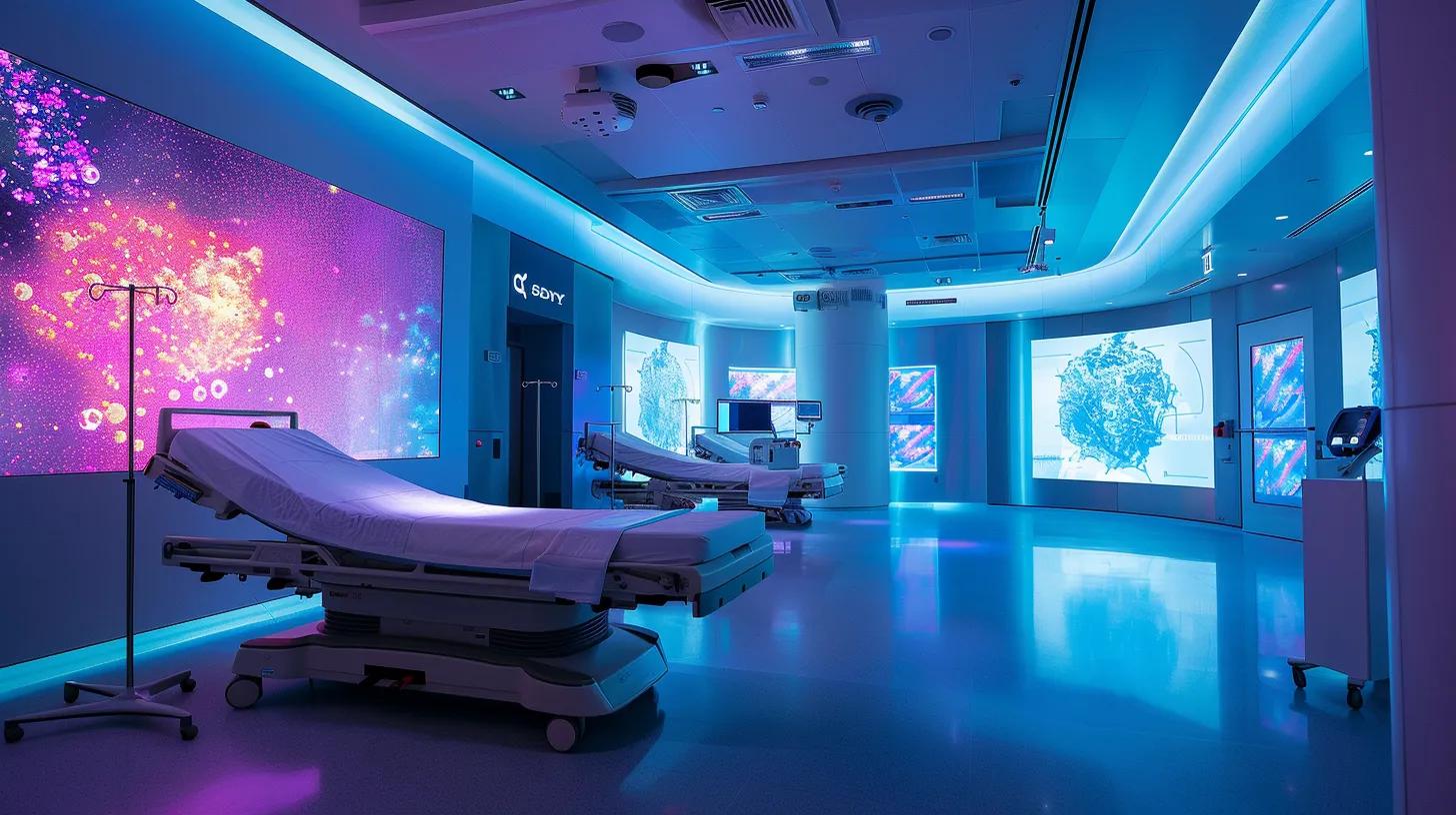 a futuristic healthcare setting showcases advanced ai technologies in action, with vibrant virtual reality training simulations enhancing patient engagement and streamlined processes, all illuminated by soft, ambient light to emphasize innovation and efficiency.