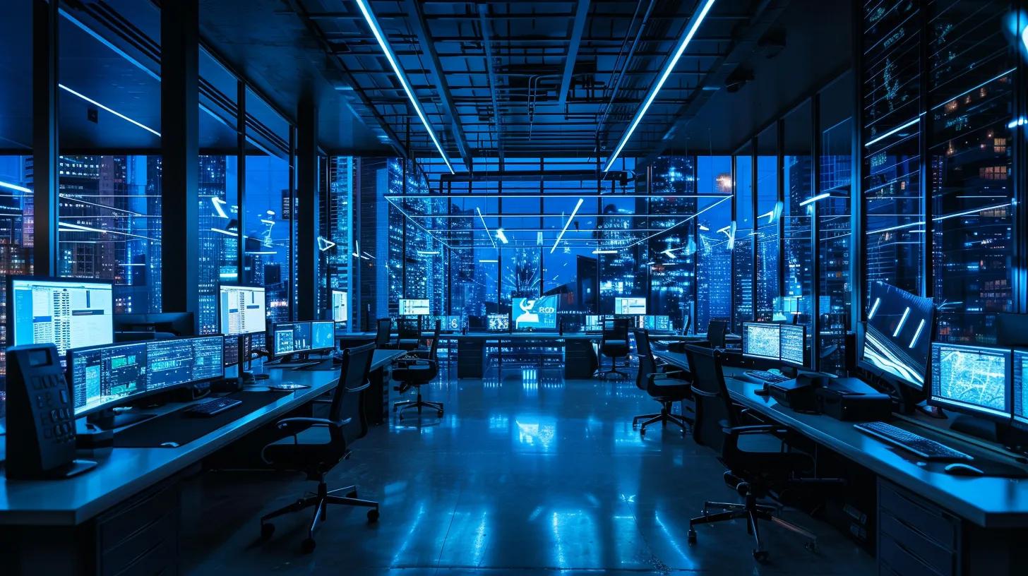 a futuristic office filled with sleek, high-tech workstations, illuminated by soft blue led lights, showcasing innovative ai development in a collaborative atmosphere.