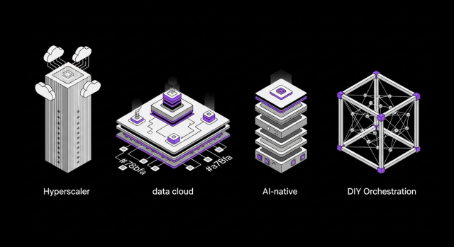 Four enterprise AI platform archetypes as stacked architectural layers — hyperscaler, data cloud, AI-native, DIY orchestration