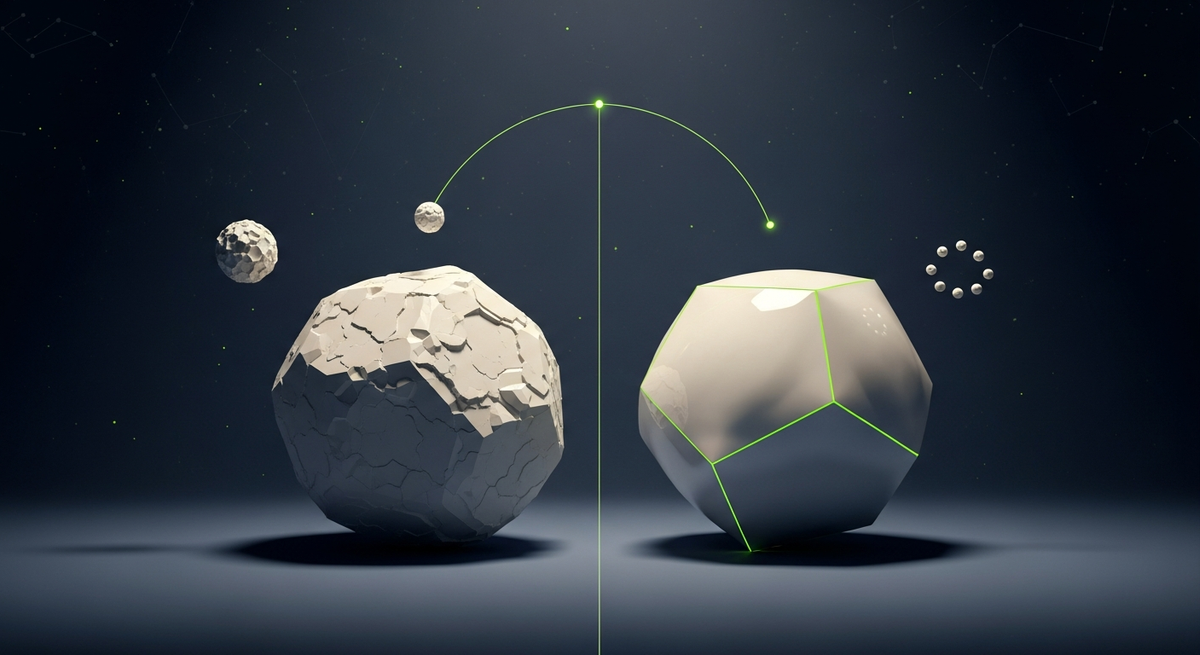 Custom AI solutions vs off-the-shelf: build-vs-buy decision editorial illustration, two abstract geometric forms representing raw and finished, connected by a thin luminous arc