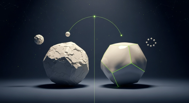 Custom AI solutions vs off-the-shelf: build-vs-buy decision editorial illustration, two abstract geometric forms representing raw and finished, connected by a thin luminous arc