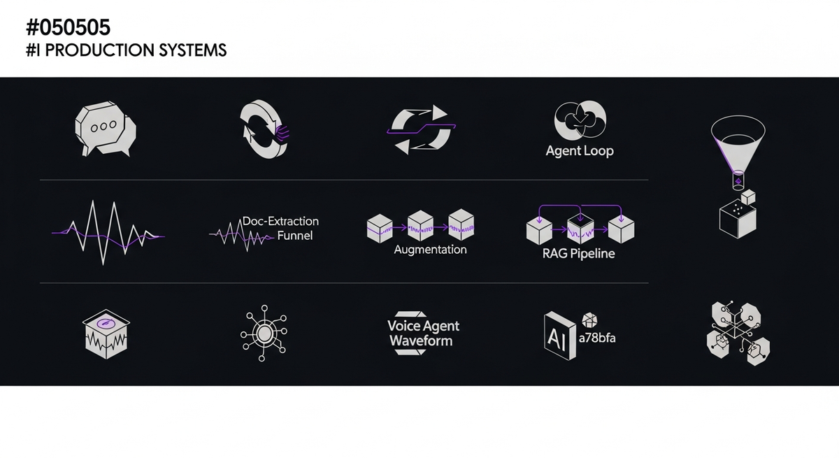 10 production AI use cases arranged as a grid of geometric system miniatures — chatbot, agent, RAG, document extraction, voice, code, vision, knowledge base, workflow, internal copilot