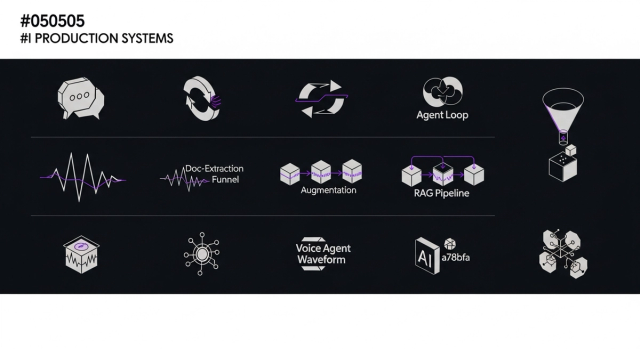 10 production AI use cases arranged as a grid of geometric system miniatures — chatbot, agent, RAG, document extraction, voice, code, vision, knowledge base, workflow, internal copilot