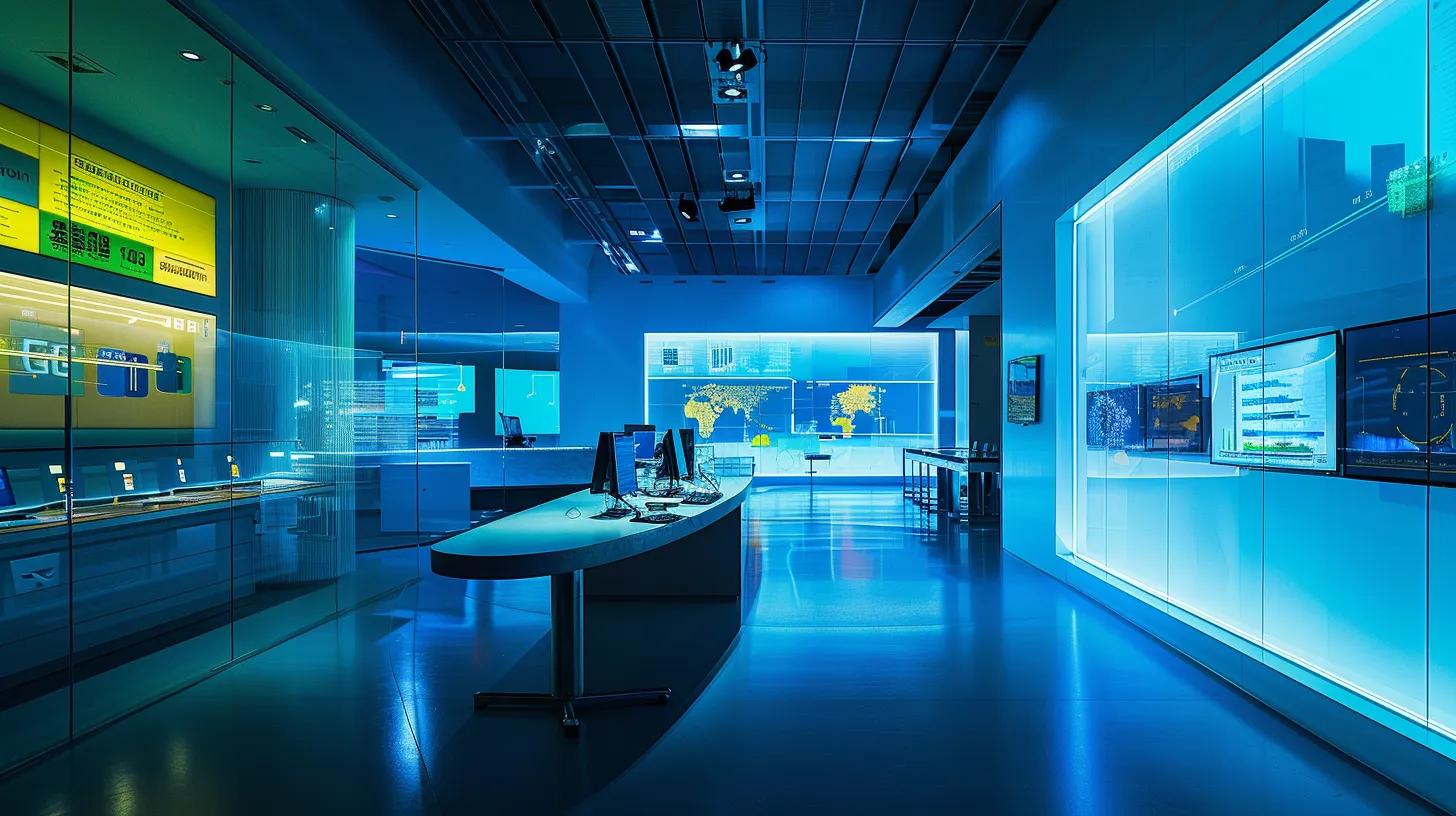 a futuristic office space brimming with sleek tech displays and vibrant holograms, symbolizing the dynamic environment of an innovative ai development company, illuminated by soft blue and green ambient lighting.