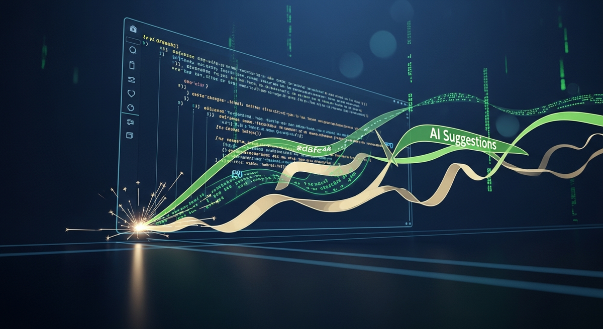 Code editor with AI-suggested lines flowing in, editorial illustration