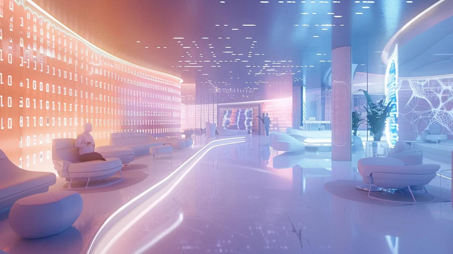 a futuristic healthcare environment captures the essence of artificial intelligence, showcasing a glowing, data-driven interface seamlessly integrating with eager healthcare professionals, all illuminated by soft, ambient light that highlights the challenges of data privacy and algorithmic bias.