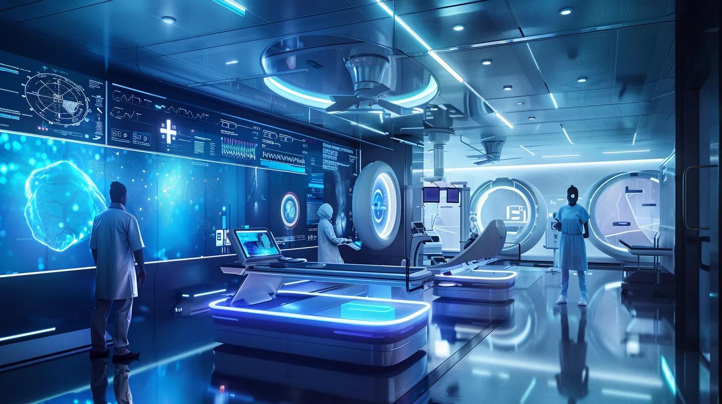 a futuristic hospital environment brimming with advanced artificial intelligence technology, showcasing sleek digital interfaces, glowing health monitors, and clinicians engaged in enhanced patient care, all illuminated by soft, ambient lighting.