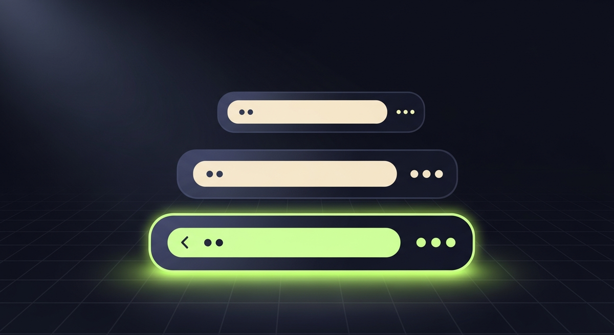 Stacked horizontal app bar primitives collapsing over a content surface, editorial illustration