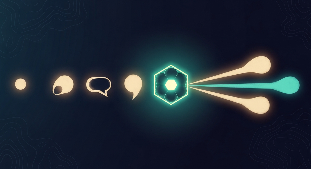 Conversational AI platform architecture — message routing through intent classifier and multi-channel delivery, editorial illustration