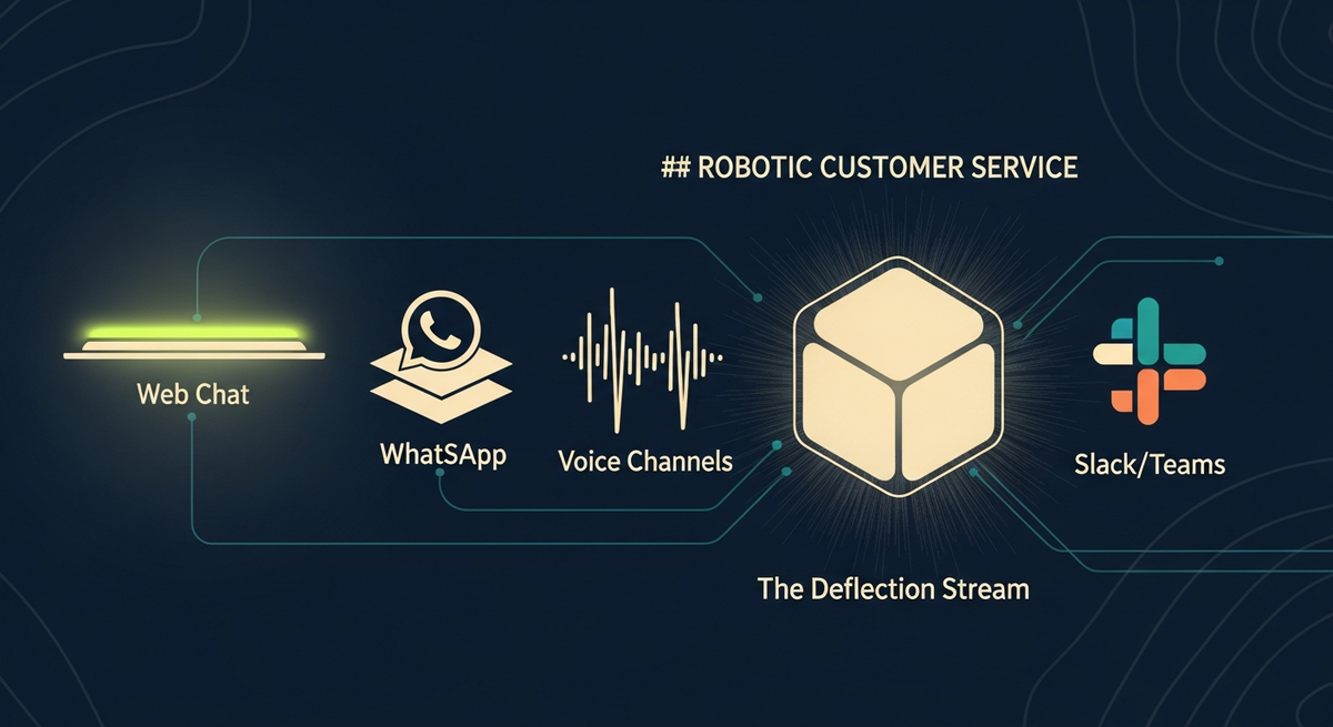 Customer service chatbot routing across web, WhatsApp, voice, Slack channels, editorial illustration